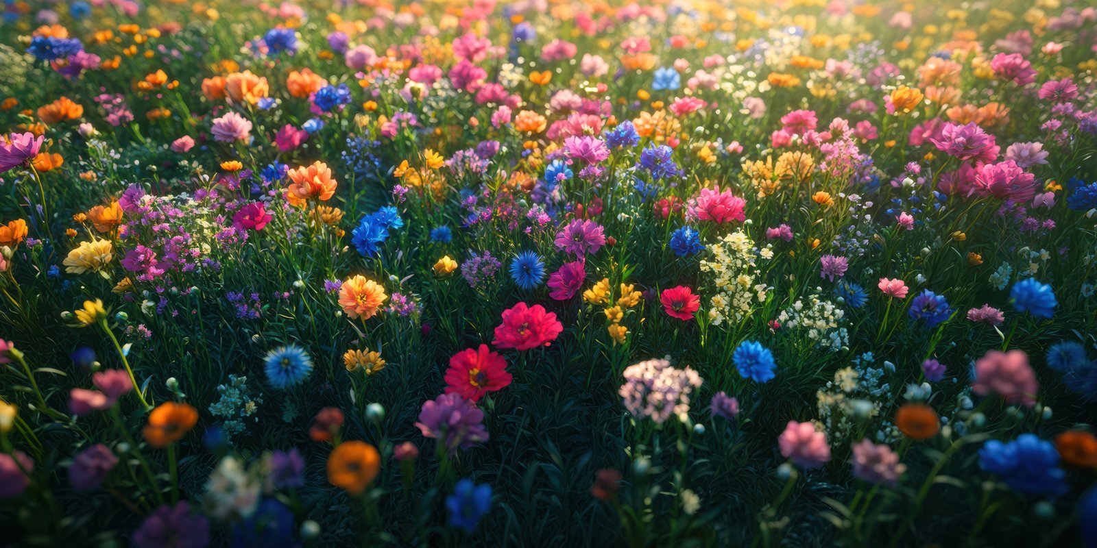 Colorful wildflower field in full bloom during a sunny day in spring